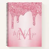 Girly Blush Pink Sparkle Glitter Drips Monogram Notebook