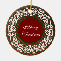 Thumbnail for Stylized White Wreath on Red and Green Stripes Ceramic Ornament