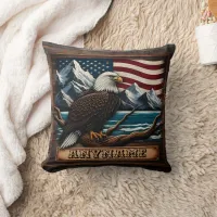 Majestic Eagle Perched By Mountains And Flag Throw Pillow