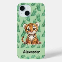 Cute Cartoon Tiger on Tropical Leaves iPhone 15 Case