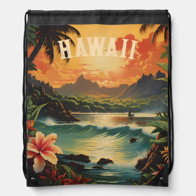 Vintage Hawaii Tropical Beach Travel Drawstring Bag