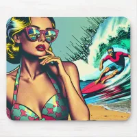 Pretty Blonde Retro Woman and Surfer Guy Mouse Pad