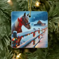 Pretty Brown Horse with Bow Christmas Personalized Ceramic Ornament