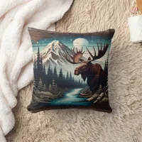 Moose by Mountain Stream Under Full Moon Throw Pillow