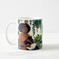 Woman Relaxing with her cat, book and plants Coffee Mug