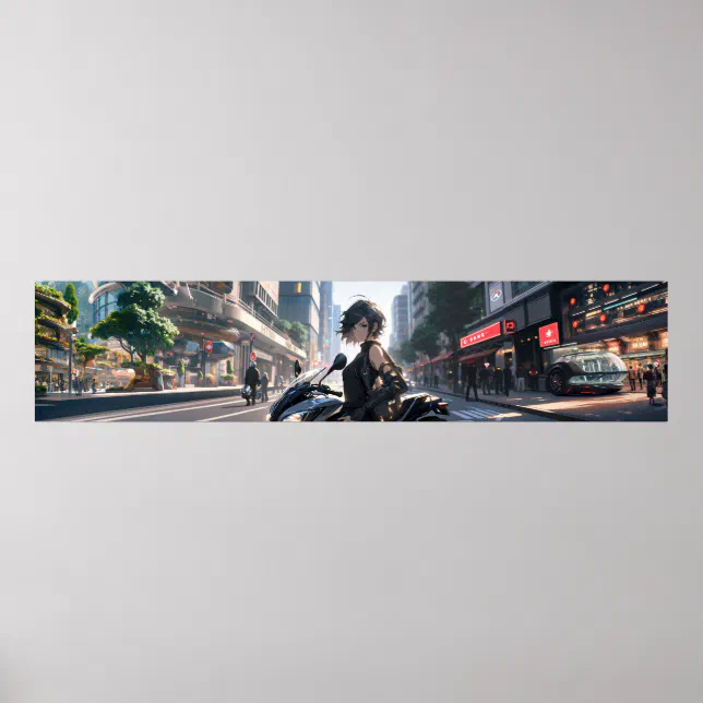 Anime woman biking downtown - Ultra wide Poster