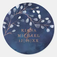 Watercolor Snowdrops Favors Navy/Copper ID726 Classic Round Sticker