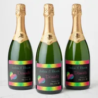 [Rainbow Crinkle Wedding] Heart Butterfly Black Sparkling Wine Label