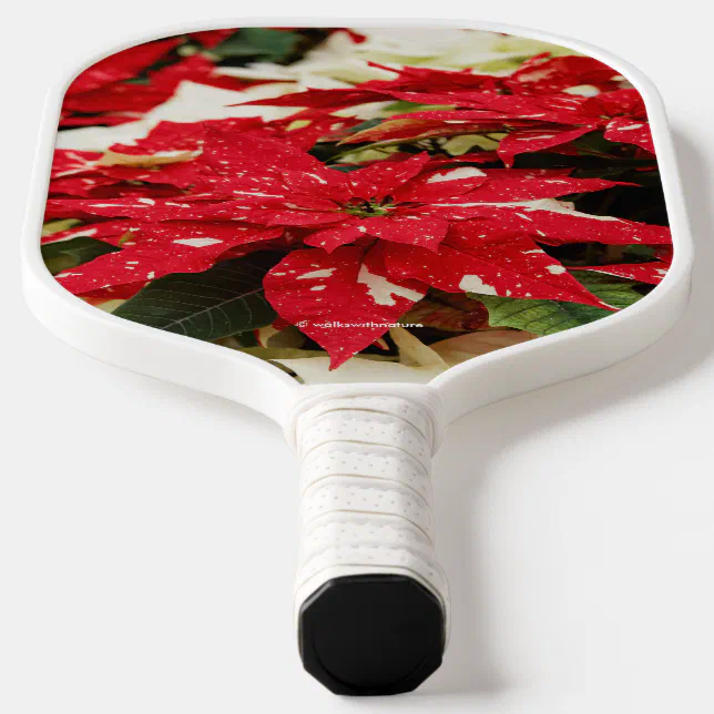 Festive Red White Floral Poinsettias Pickleball Paddle