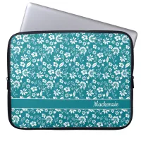 Turquoise Teal Tropical Flowers Monogram Laptop Sleeve