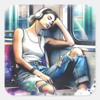 Woman Sleeping on the Subway Listening to Music Square Sticker