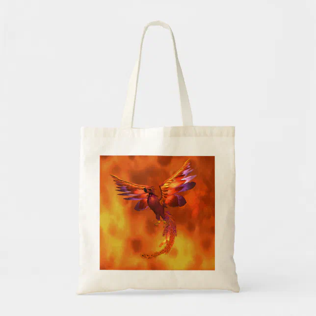 Colorful Phoenix Flying Against a Fiery Background Tote Bag
