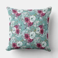 Wine and Blue Flowers On Blue Throw Pillow