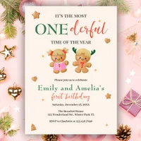 Onederful Joint Christmas Twins 1st Birthday Invitation