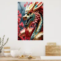 Fire breathing dragon gold head poster