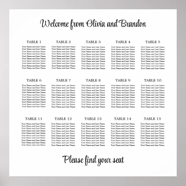 Stylish 15 Table Wedding Seating Chart Poster