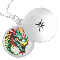 Fire breathing dragon red, green, and yellow scale locket necklace