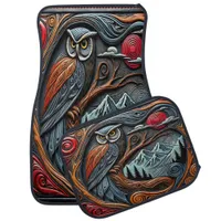 Colorful Owl Design With Mountains and Sunset Car Floor Mat