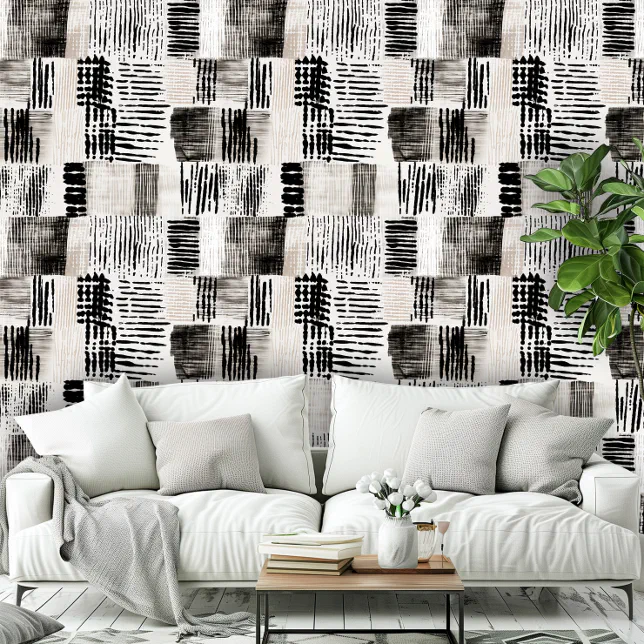 Modern Black White Cross Hatched Pattern Wallpaper