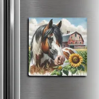 Pretty Pinto Brown and White Horse on Rustic Farm Magnet