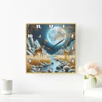 Giraffes roam under the moon in Africa Square Wall Clock