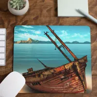 Dilapidated Boat on an Abandoned Sandy Beach Mouse Pad