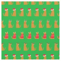 Christmas Ginger Cat Santa Hats Pattern on Green Fabric