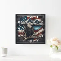 Eagle Emblem Over Mountain and American Flag Square Wall Clock