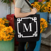 Black and White Greek Key Border Monogram Tote Bag