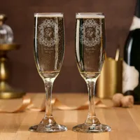 Elegant Monogram Crest Script Wedding Champagne Flute