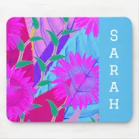 pink sunflowers tropical leaves modern floral art mouse pad