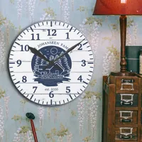 Navy Blue and White Rustic Wood Family Lake House Round Clock