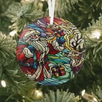 Majestic Stained Glass Santa and Reindeer Glass Ornament