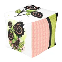 Black and Coral Pink Whimsy Flower Cube Pouf