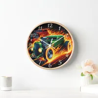 Vintage hot rods racing through flames at twilight clock