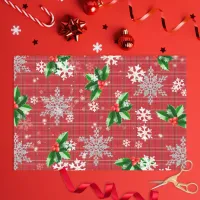 Christmas Winter Greenery Snowflakes On Red Plaid Tissue Paper