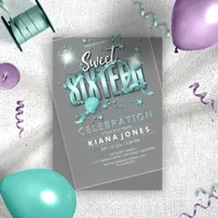 Moon and Stars Sweet 16 Teal/Blk ID788 Acrylic Invitations