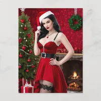 Sexy Mrs. Claus Pinup in Red in Front of the Tree Postcard