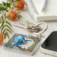 Vibrant Blue Bird Perched on Stained Glass Keychain