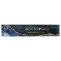 Modern Navy Blue Gold Agate Geode Real Estate Desk Name Plate