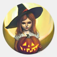 Vintage Witch Child holding a Jack-o-lantern Classic Round Sticker