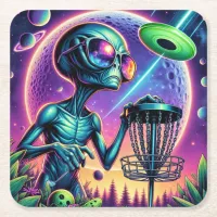Alien Disc Golf   Square Paper Coaster