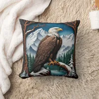 Majestic Bald Eagle Over Snowy Mountain Lake Throw Pillow