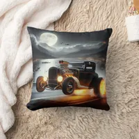 Hot rod speeds beneath the full moon throw pillow