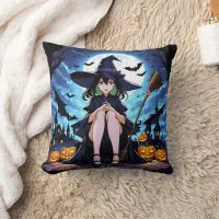 A witch sits by pumpkins under the moonlight throw pillow