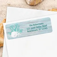 Starfish Sand Dollar Aqua Glitter Wood Label