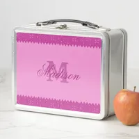 Girly pink glitter zigzag, monogram metal lunch box