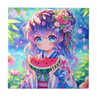 Cute Anime Girl Eating Watermelon on a Summer Day Ceramic Tile