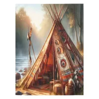 Tranquil native Indian teepee by a serene river Tablecloth