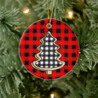 Buffalo Plaid, Red Gingham Christmas Trees   Ceramic Ornament